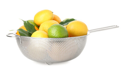 Metal colander with citrus fruits isolated on white