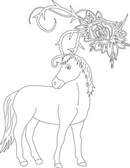 Horse and A Floral Vine Coloring Page. Printable Coloring Worksheet for Adults and Kids. Educational Resources for School and Preschool.