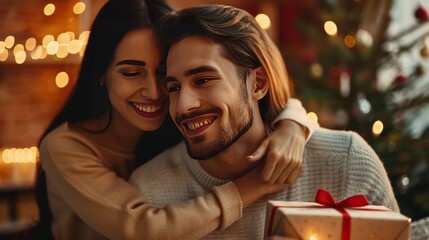 Bright emotions. Close up of young excited couple holding a present while sitting close to each
