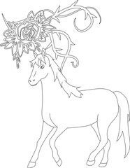 Horse and A Floral Vine Coloring Page. Printable Coloring Worksheet for Adults and Kids. Educational Resources for School and Preschool.