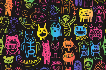 Vector seamless pattern of funny cartoon groovy characters in rainbow vibrant colours on black background set vector icon, white background, black colour icon