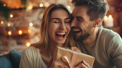 Bright emotions. Close up of young excited couple holding a present while sitting close to each - Powered by Adobe