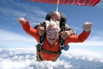 A person in a tandem skydive with an instructor, mid-air with the parachute deployed, capturing the excitement of freefall