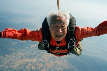 An elderly woman enjoys a tandem skydive, her face full of exhilaration and life as she flies