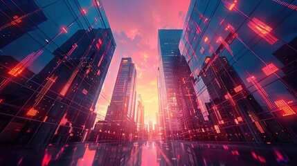 Obraz premium Cityscapes of the future with large skyscrapers that have red glowing windows.