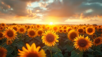 Fototapeta premium field of blooming sunflowers on a background sunset 