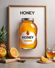 Mockup poster ecommerce shop diseño 3d tarro de miel de naranja