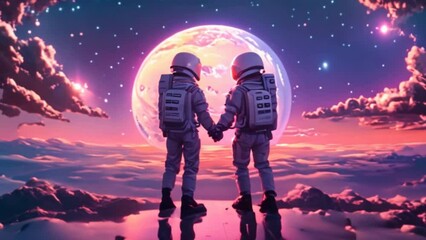 Astronaut couple holding each other's hands on space sky background, digital art style, illustration painting - Powered by Adobe