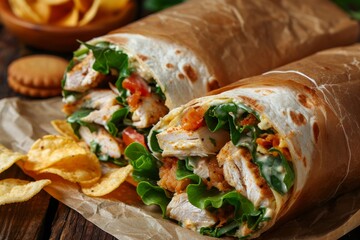 Delicious chicken caesar salad wrap with chips and cookie on wooden table background