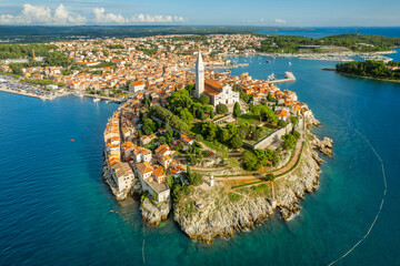 Aerial view of the Rovinj old town at sunset, Adriatic sea, Istria, Croatia