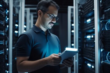 Professional with digital tablet working in server room