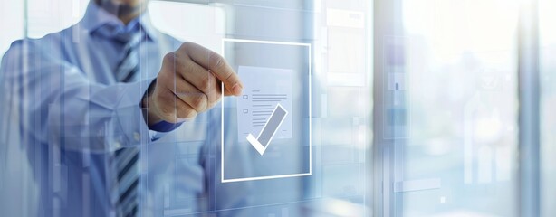 Checklist concept, Businessman mark checkboxes, Survey form, check marks on checklist,  filling online form and answering questions. List options business employee security procedures followed office.
