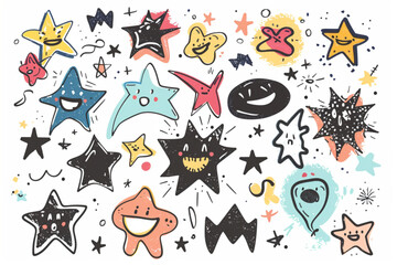 Vector set of hand drawn various colourful funny stars, sparks, wave shapes and comic creatures faces. Cute doodle design elements. set vector icon