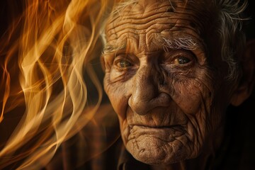 An artful photograph of an elderly person's silhouette with a dynamic fiery background conveys warmth and energy