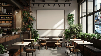 A large whiteboard hangs on a wall in a cozy modern coffee shop with wooden tables and chairs.