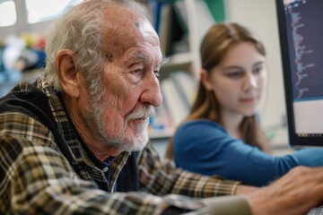 Elderly gentleman learns to code with the help of a young woman, illustrating intergenerational learning