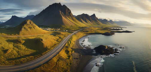 scenic road in Iceland, beautiful nature landscape aerial panorama, mountains and coast at sunset - Powered by Adobe