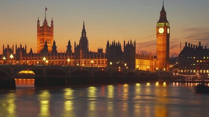 Big Ben and Houses of Parliament in London at dusk --ar 16:9 --style raw Job ID: 5db5b581-7d48-4956-a5fb-75846b2c2803