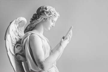 Angel statue using smartphone, blending classical art with modern technology. Monochrome