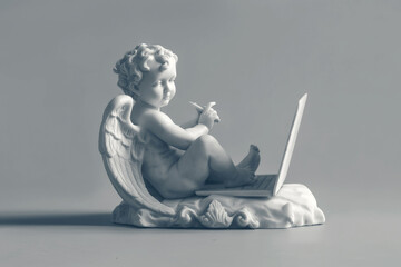 Cupid statue with laptop, symbolizing online dating and modern love