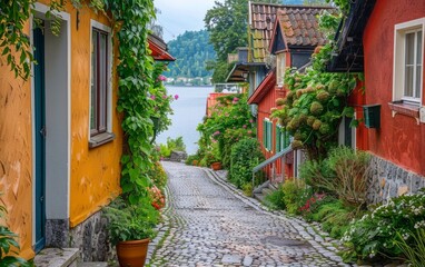 Quaint cobblestone alley lined with colorful houses and lush greenery in a picturesque lakeside village.