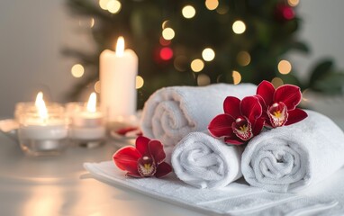 Rolled white towels, red orchids, and lit candles on a white background.