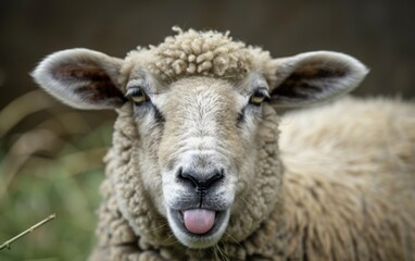 Sheep with a playful expression, sticking out its tongue.