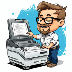 cartoon of a man with glasses and goatee using a large copy machine, white background, 