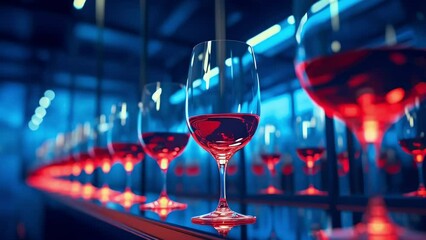 Bar and Restaurant Concept. Elegant video background with wine glasses reflecting neon lights in a modern bar setting.