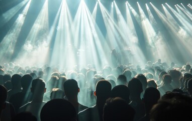 Silhouetted crowd at a concert with beams of light piercing through smoke.