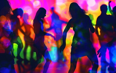 Silhouettes dancing in a vibrant, colorful nightclub atmosphere.