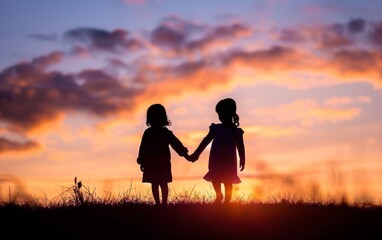 Silhouettes of children holding hands under a sunset sky.