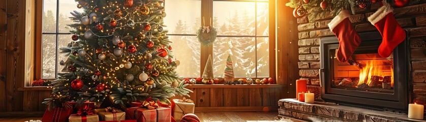 A cozy holiday scene with a decorated Christmas tree and stockings by the fireplace