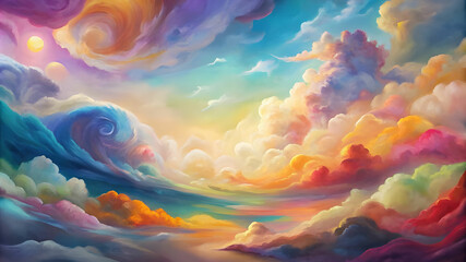 A vibrant and diverse array of colored clouds swirl and dance in the sky, creating a mesmerizing and ever-changing landscape.