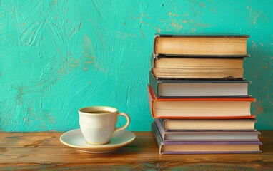 Stack of books and coffee cup on wooden table against turquoise backdrop.
