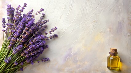 Lavender flowers and oil on white grunge background with copy space.