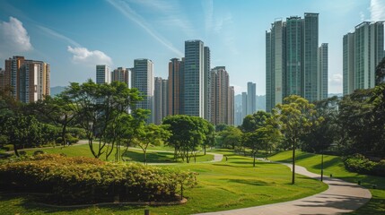 urban park surrounded by high-rise buildings