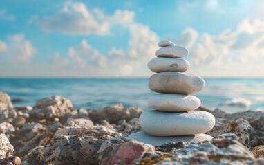 Stack of smooth stones balanced on a rocky coast under a blue sky.