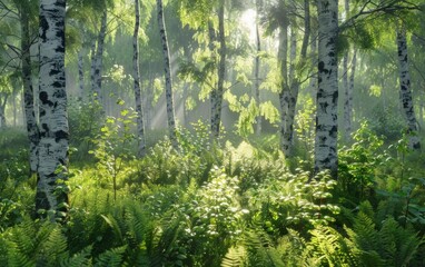 Sunlight dapples through lush birch trees onto verdant forest undergrowth.