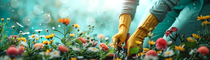 A gardener planting flowers in a vibrant garden, detailed plants and gardening tools, promoting...