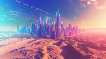 A neon metropolis sprawling across a desert of binary code, its skyscrapers towering into the virtual skyline.