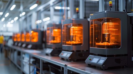 3D Printers in Modern Industrial Facility,A row of advanced 3D printers operating in a well-lit, modern industrial facility, showcasing cutting-edge manufacturing technology.

