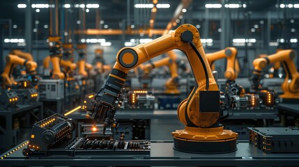 Robotic Assembly Line in High-Tech Factory,A row of yellow industrial robots performing tasks on a high-tech assembly line in a modern factory setting.

