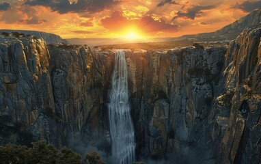 Sunset over a cascading waterfall flanked by rugged cliffs.