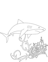 Shark and A Floral Vine Coloring Page. Printable Coloring Worksheet for Adults and Kids. Educational Resources for School and Preschool.