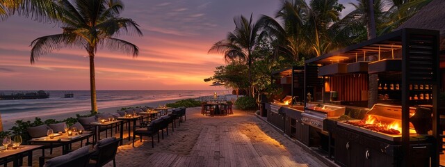 Luxurious beachside barbecue cooking exotic meats with palm trees and sunset view