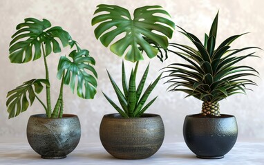 Three potted plants: lush Monstera, slim Aloe, and dense palm.