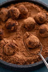 Artisanal chocolate truffles dusted with cocoa powder on a plate with a spoon