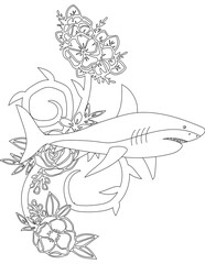 Shark and A Floral Vine Coloring Page. Printable Coloring Worksheet for Adults and Kids. Educational Resources for School and Preschool.