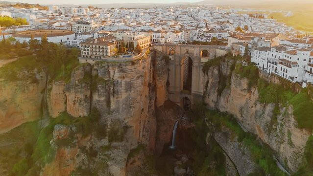 Aerial view of the Ronda medieval town at sunrise, Andalusia, Spain